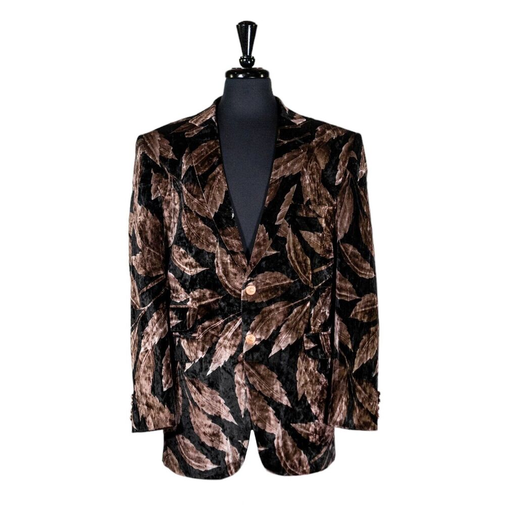 Mens Blazer Brown Black Floral Velvet Luxury Dress Formal Jacket Sport Coat 42R